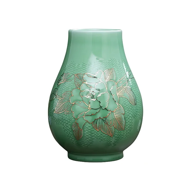 Hand-painted gold-painted peony vase Jingdezhen hand-painted gold-painted green glaze flower blooming rich ceramic vase