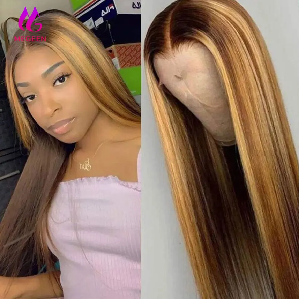 

Megeen 26 Inch Highlight P4/27 13x4 Lace Front Wigs Human Hair Transparent Straight Lace Front Wigs PrePlucked Ombre Colored Wig