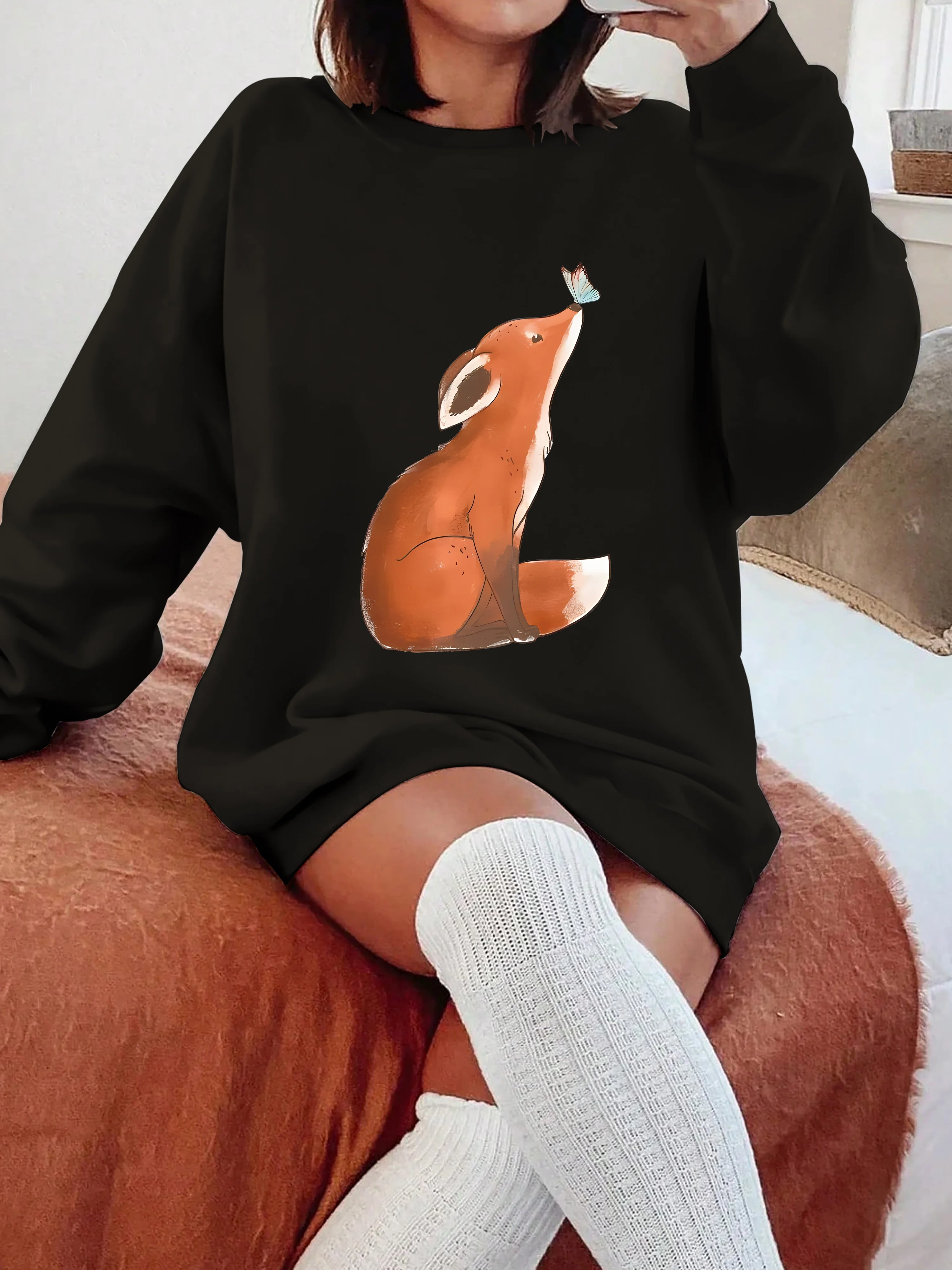 

Fox printed pullover hoodie, casual long-sleeved round-neck autumn and winter hoodie, women's wear