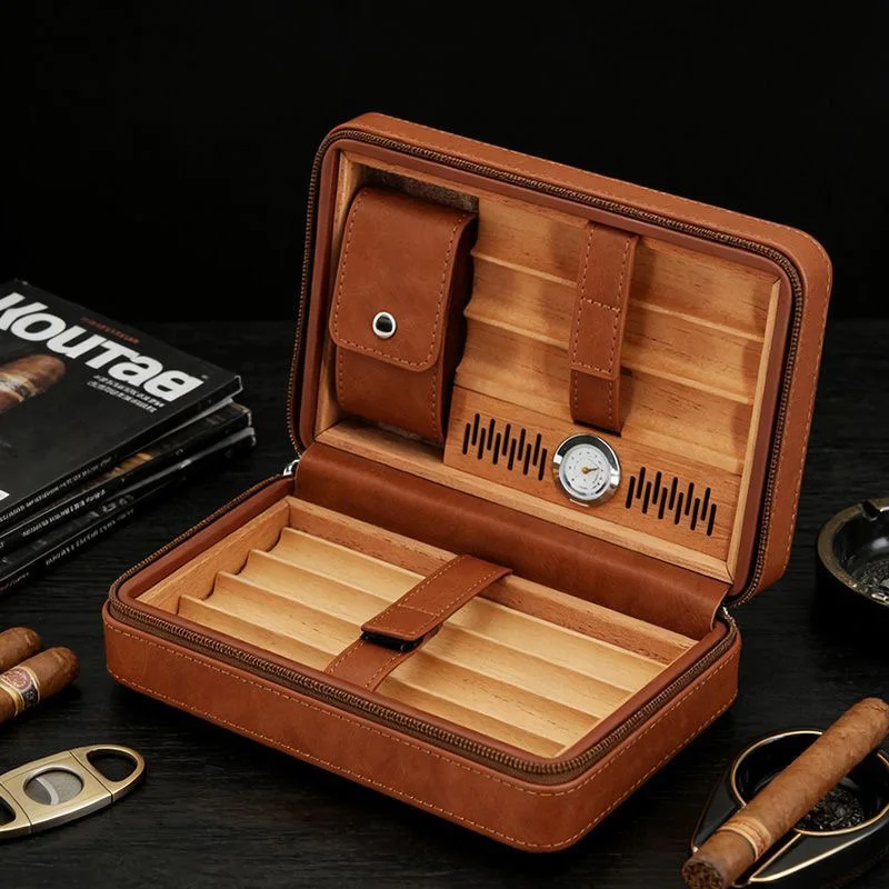 Portable Travel Cigar Case PU Leather Cigar Humidor with Cedar Wood Liner & Hygrometer,Hand Carry Cigar Storage Bag for Men Gift