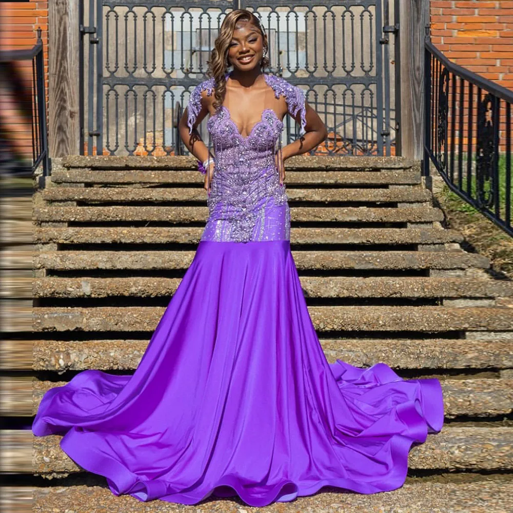 

Charming Purple Prom Party Dresses 2025 Scoop Diamonds Crystal Gown Birthday Party Dress For Black Girls Customized
