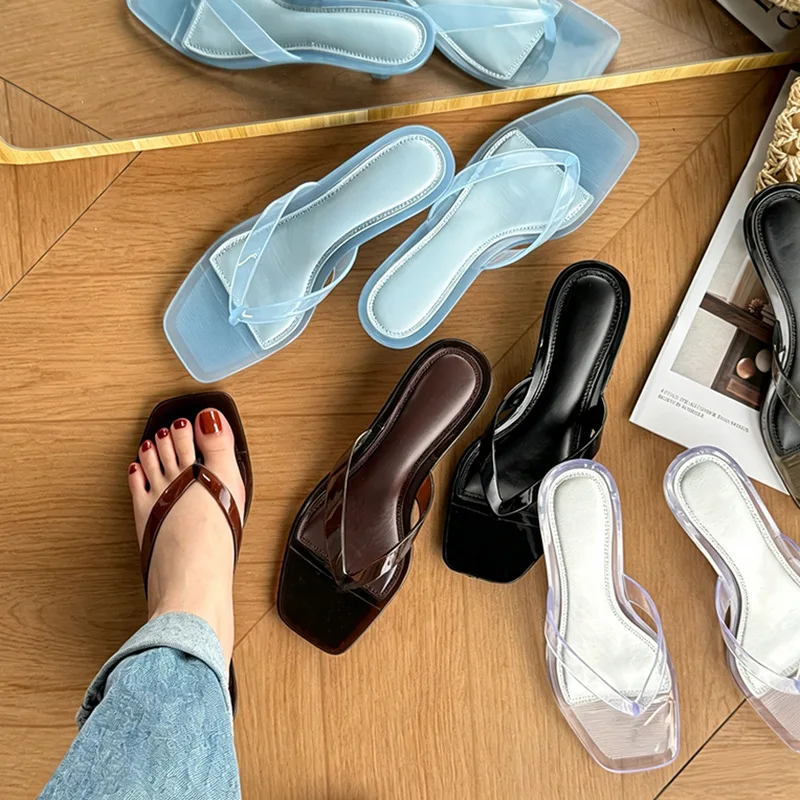 Double Toed Square Toe Crystal Flip Flops For Cats, Thin Heels For Wearing Slippers, One Foot Sandals, Low Heels, Jelly Shoes