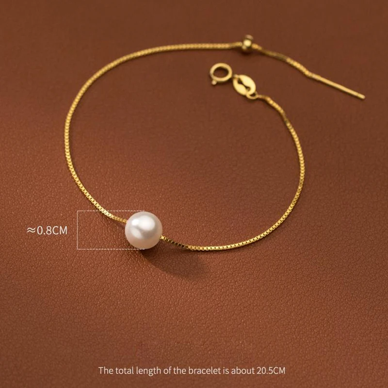KAMIRA 925 Sterling Silver Single Pearl Box Chain Bracelet  Adjustable Thread Slider Pull Chain Dainty Jewelry for Women Girls