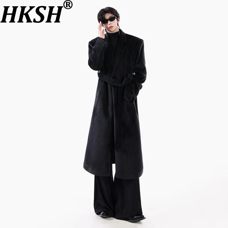 

HKSH Autumn Winter New Men Korean Style Retro Velvet Texture Sashes Woolen Trench Coat Trend Casual Mid-calf Windbreaker HK16335