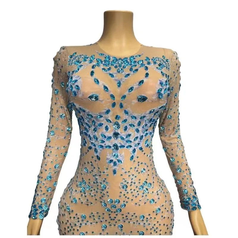 Vestido transparente de manga larga con diamantes de imitación azules brillantes para escenario, disfraz para sesión de fotos elástico para celebración de cumpleaños y noche