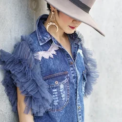 Fairy Mesh Ruffles Denim Vest Lace Sleeveless Jacket Cowboy Waistcoat Tank Gauze Lotus Spliced Coat Pleated Single-breasted Tops