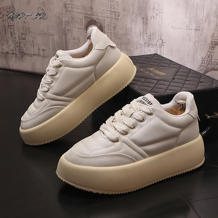 Sneaker Casual Men Designer White Shoes Fashion Genuine Leather Cowhide Breathable Height Increased Flat Platform Board Shoes