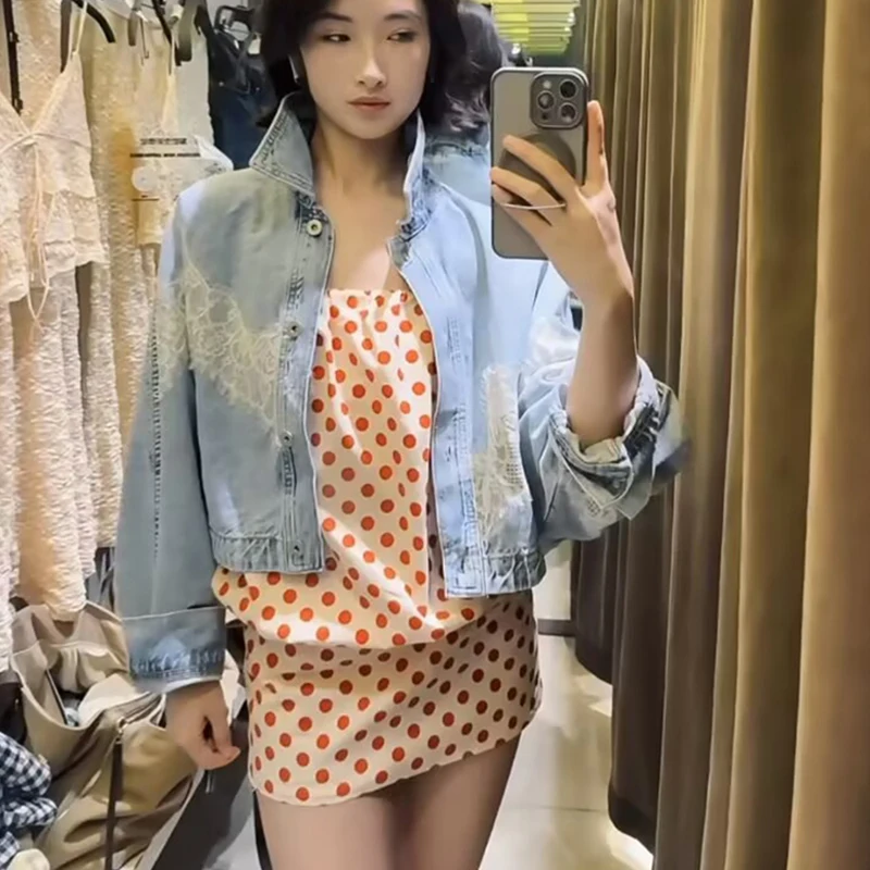 Denim Jackets Women's Spring 2026 New Fashion Lace Stitching Elegant Women's Spring Coats Chic Youth Travel Street Warm Jackets