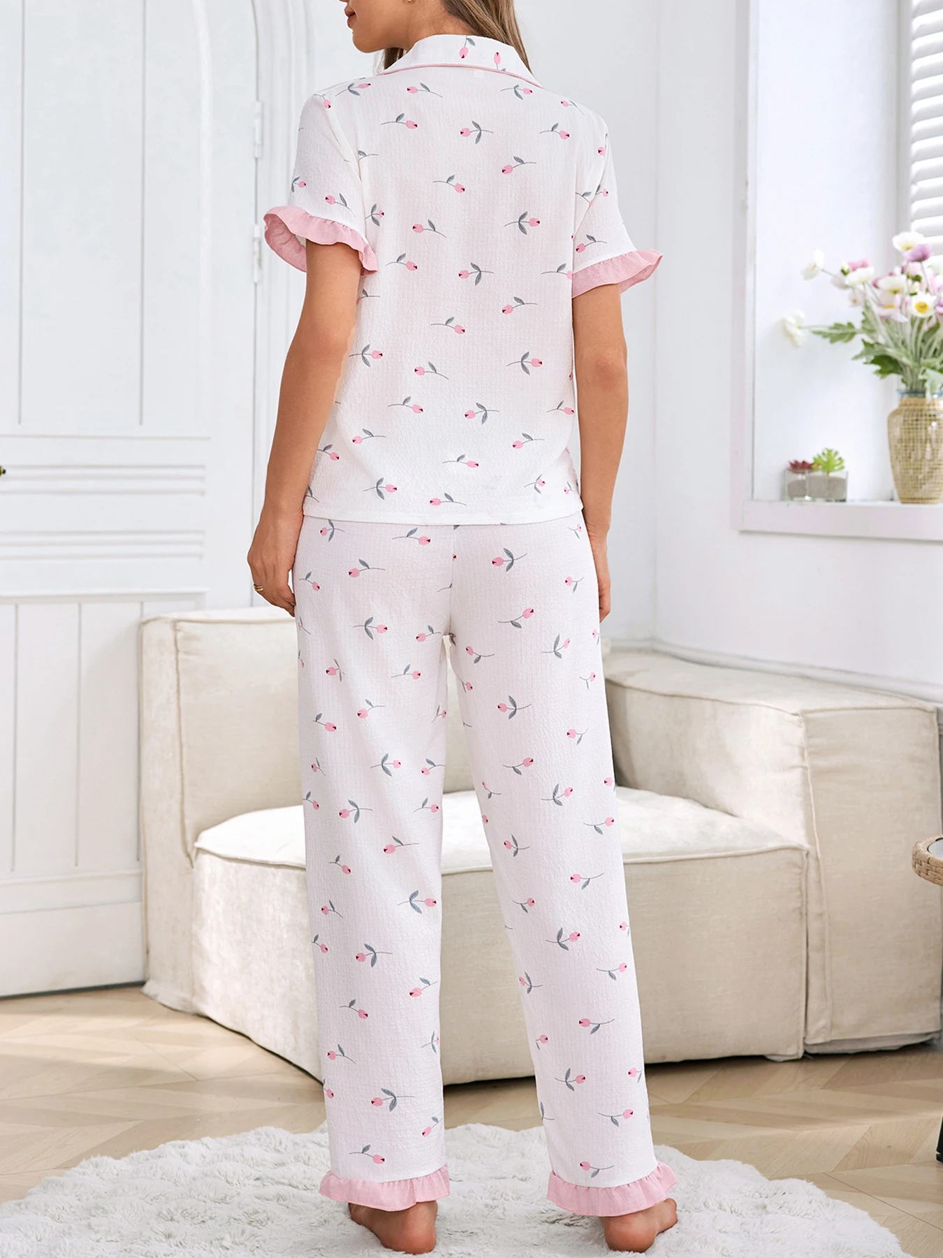 Frühling Sommer Herbst Winter Damen 2-teiliger süßer rosa Tulpenmuster fließende Bluse Kurzarmhose Homewear Schlafanzug