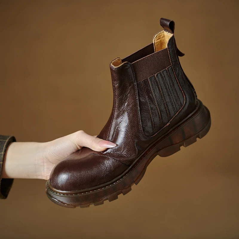 2026 new autumn winter women ankle boots natural leather plus size 22-25cm sheepskin round toe thick heel chelsea boots fashion