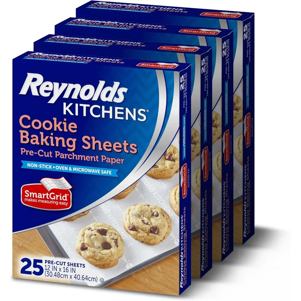 Pre-Cut Cookie Baking Sheets, Parchment Paper, 25 Sheets per Pack, 4 Packs Total, 100 Sheets