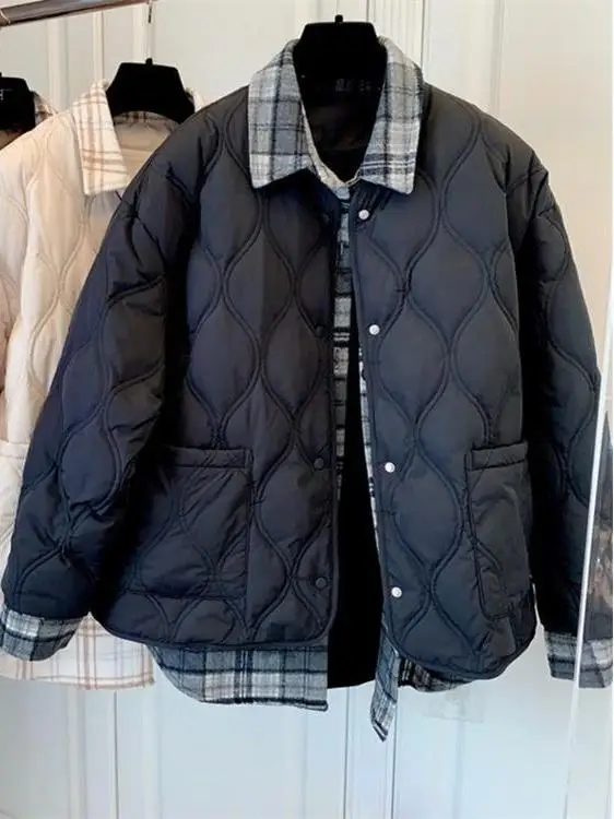 

Женское зимнее хлопковое пальто Thiened с клетчатым воротником из двух предметов, новое свободное теплое хлопковое пальто больших размеров, верхняя одежда