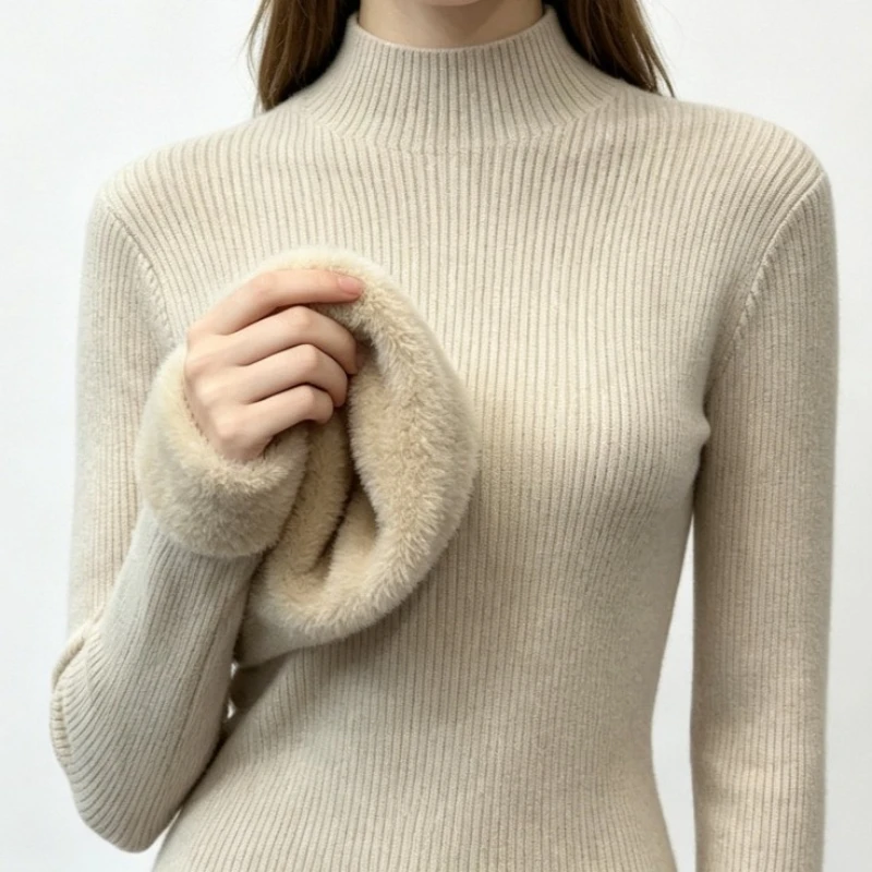 Velvet Lined Thicken Sweater Elegant Turtleneck Thicken Warm Knitted Pullover Autumn Winter Thermal Bottoming Knitwear Jumper