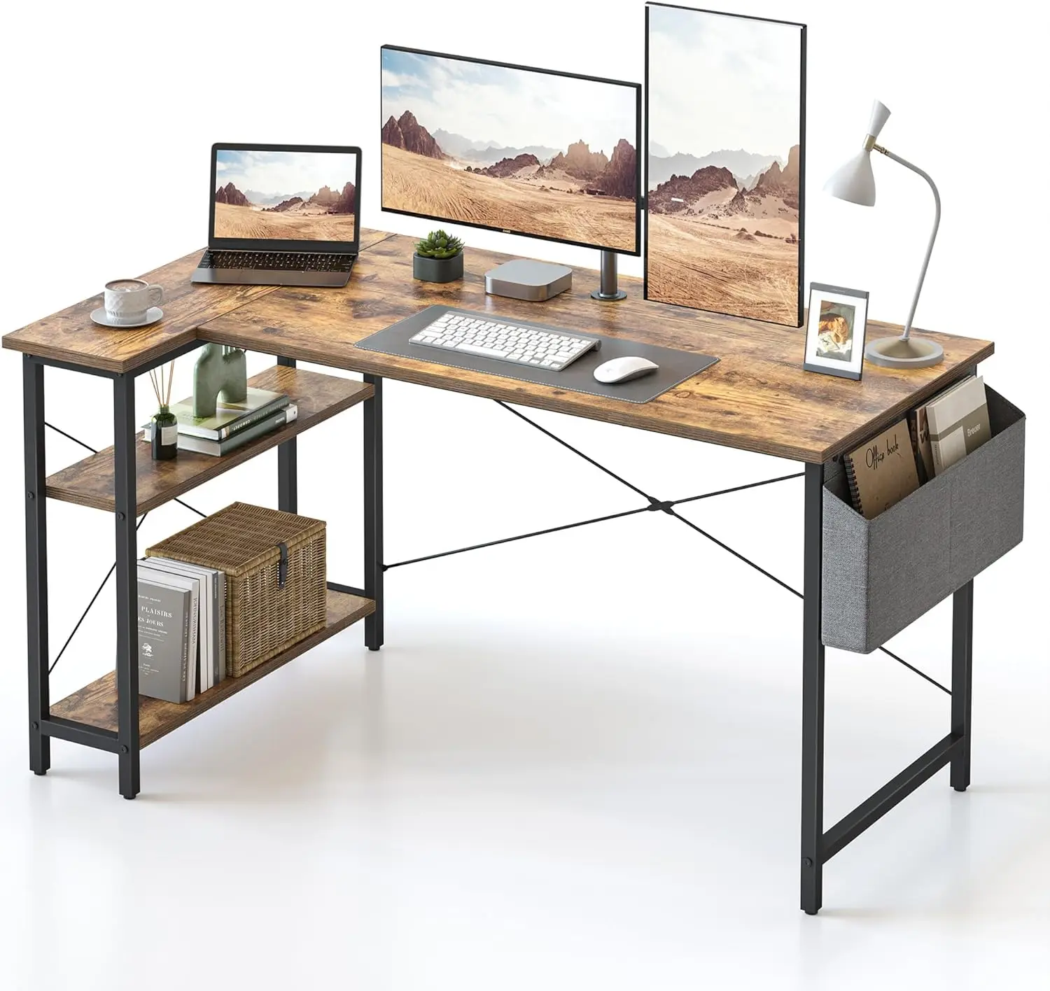 

55-дюймовый L-образный компьютерный стол с переставными полками, угловой стол в деревенском стиле коричневого цвета для домашнего офиса, учебы и игр