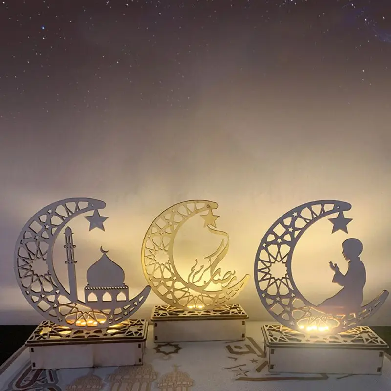 2022 New Eid Mubarak Ramadan DIY Wooden LED Decorative Light Moon Mosque Star Islam Hanging Pendant Home Room Table Craft