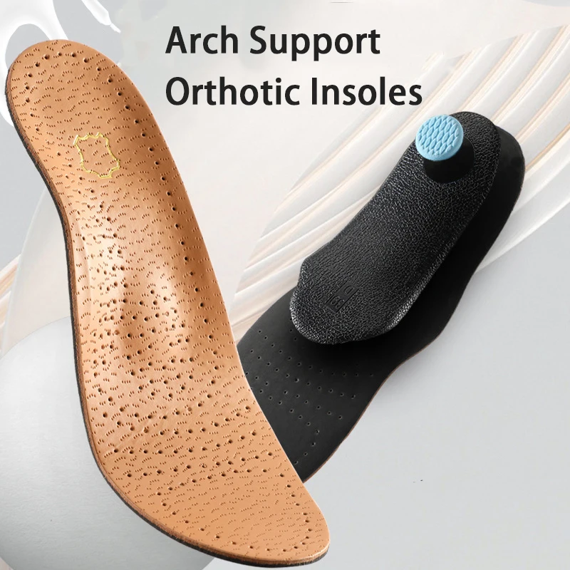 Nouvelles semelles orthopédiques en cuir respirant avec soutien de la voûte plantaire pour hommes et femmes, semelles correctrices pour pieds plats pour plus de confort