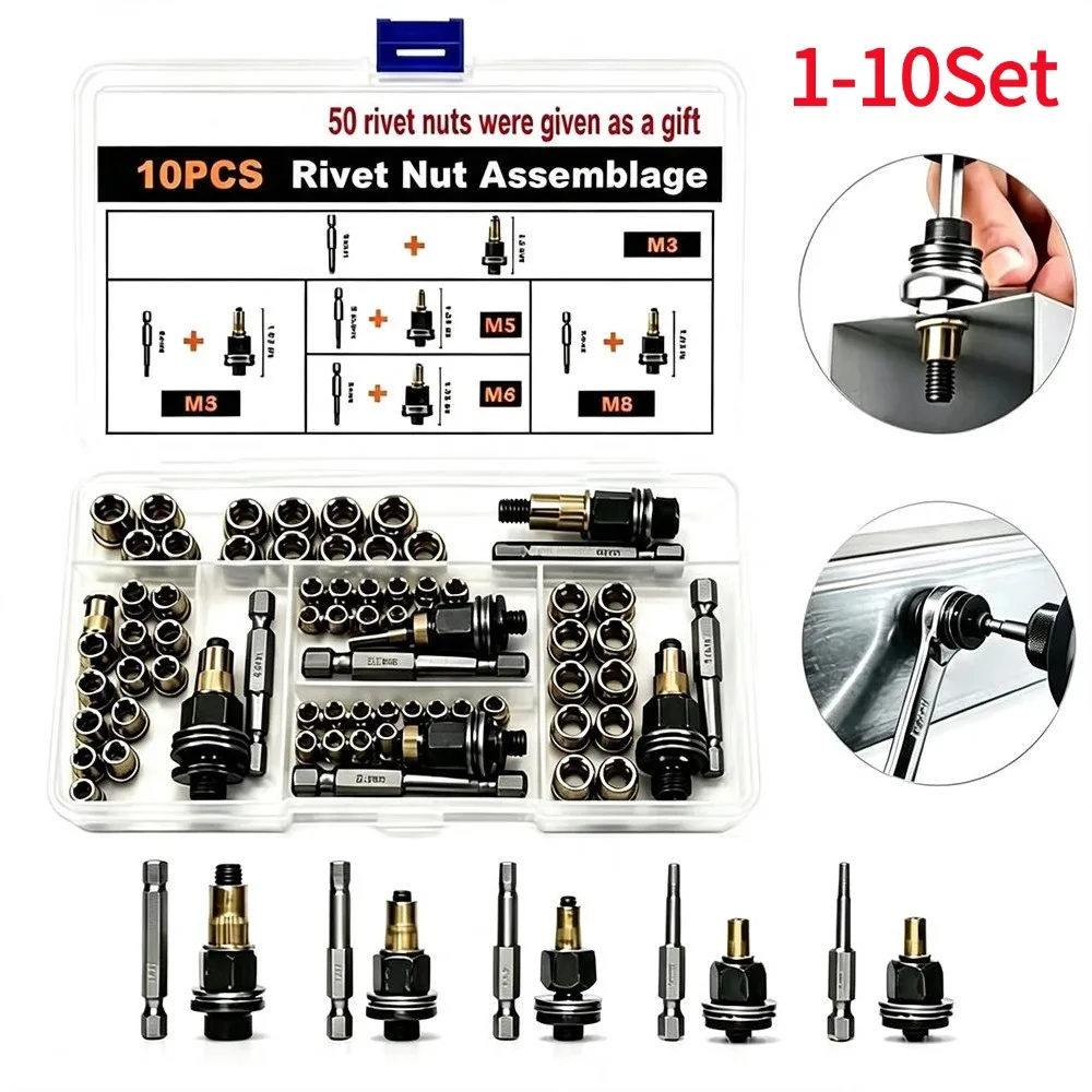 10Pcs Pull Rivet Nut Kit Auto Head Rivet Nut Tool M3 M4 M5 M6 M8 Kit Repair Accessories Riveter Rivnuts Set Gift Tools