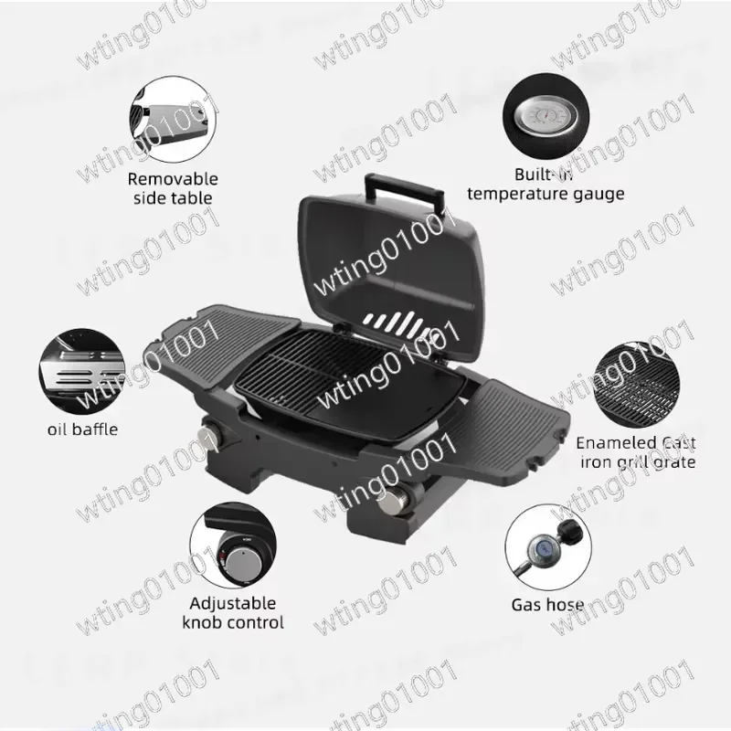 12000 BTU Single Burner Stainless Steel Gas BBQ Grill With Two Foldable Side Shelves Portable Patio Garden Outdoor Barbecue