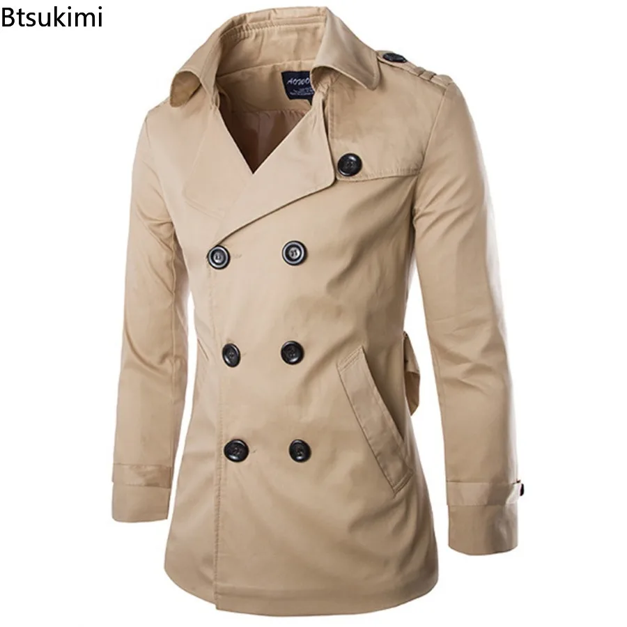 Veste mi-longue à double boutonnage en coton pour hommes, manteau de style anglais, boutique coupe-vent, mode masculine, gentleman d'affaires, 2024