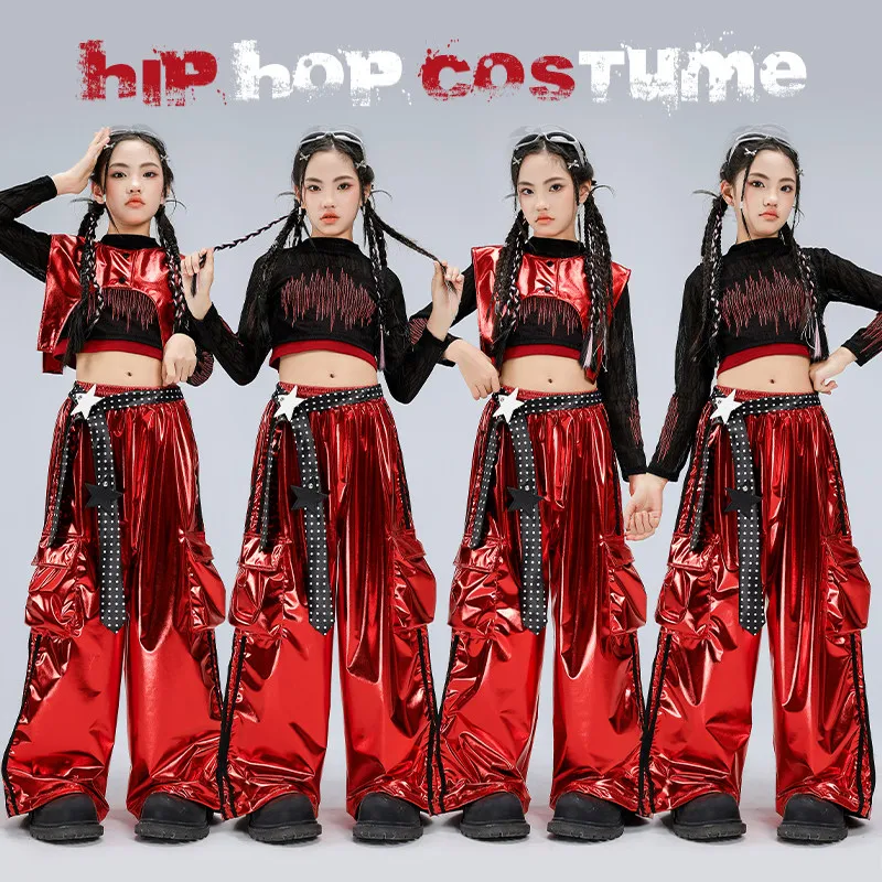 

2026 Children Ballroom Hip Hop Dance Costumes For Girls Red Bright Kpop Outfits Street Dance Wear Jazz Dance Clothes DQS21986