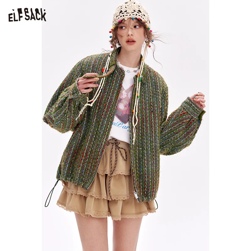 ELFSACK 2025 ฤดูใบไม้ผลิสินค้าใหม่ Vintage Casual Tweed สั้นเสื้อแจ็คเก็ตหนา