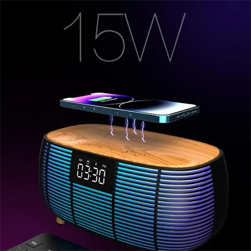 Bedroom Bedside Lamp Ambient Night Light Desktop Alarm Clock Multifunctional Bluetooth Speaker 15W Wireless Phone Fast Charging