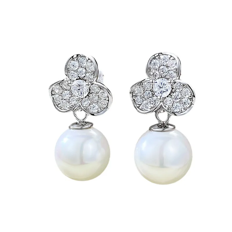 S925 Silver 2023 Fashion Style Seiko Pearl Inlay 11mm Beizhu European and American Fashion Flower Earrings