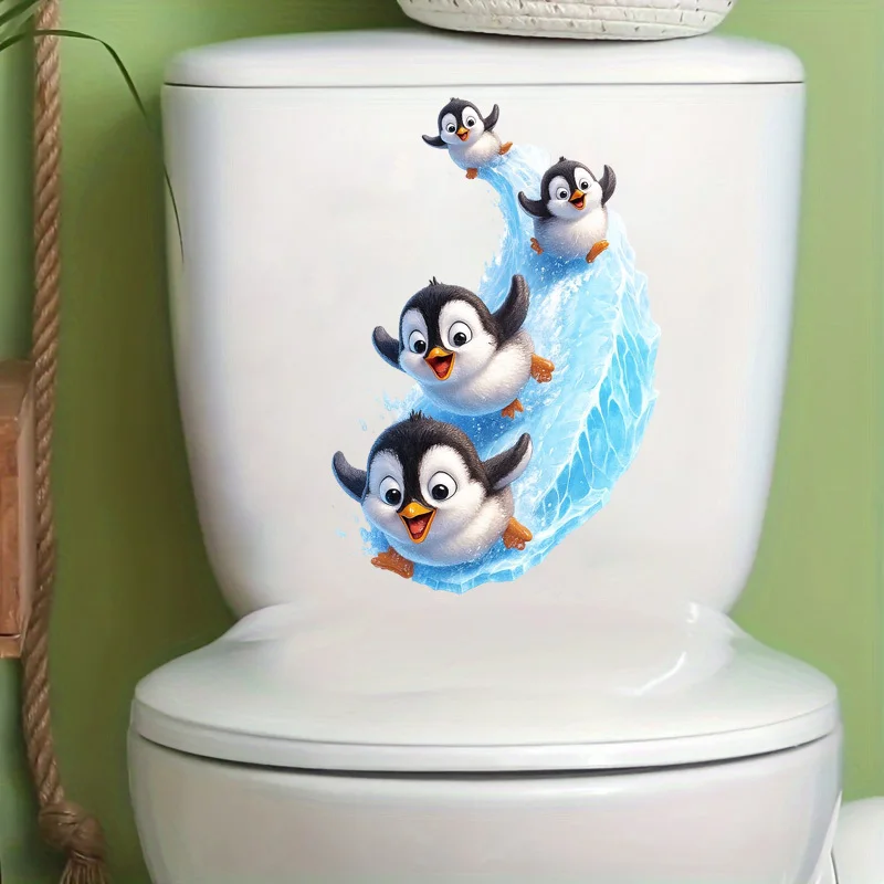Four Cute Surfing Penguin Decorative Toilet Stickers, Suitable for Toilet Lid, Glass, Cabinets, Bathroom And Other Decorative