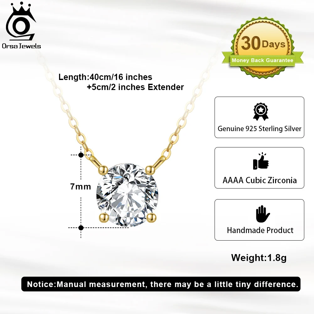 ORSA JEWELS Real S925 Silver Solitaire Zirconia Pendant 14K Gold Plated Elegant Women Necklace Wedding Jewelry for Girls APN13