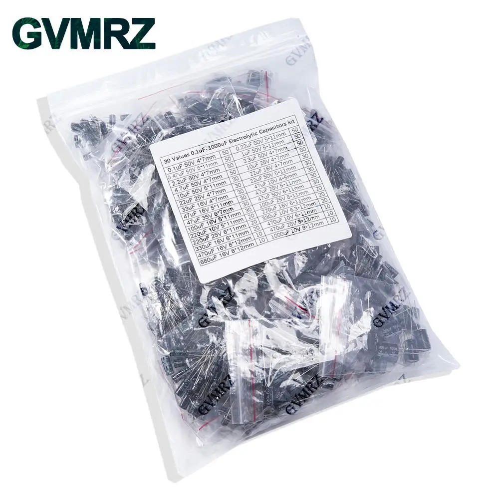 900PCS 30Values DIP Electrolytic Capacitor Kit 0.1uF-1000uF for Electronics Projects