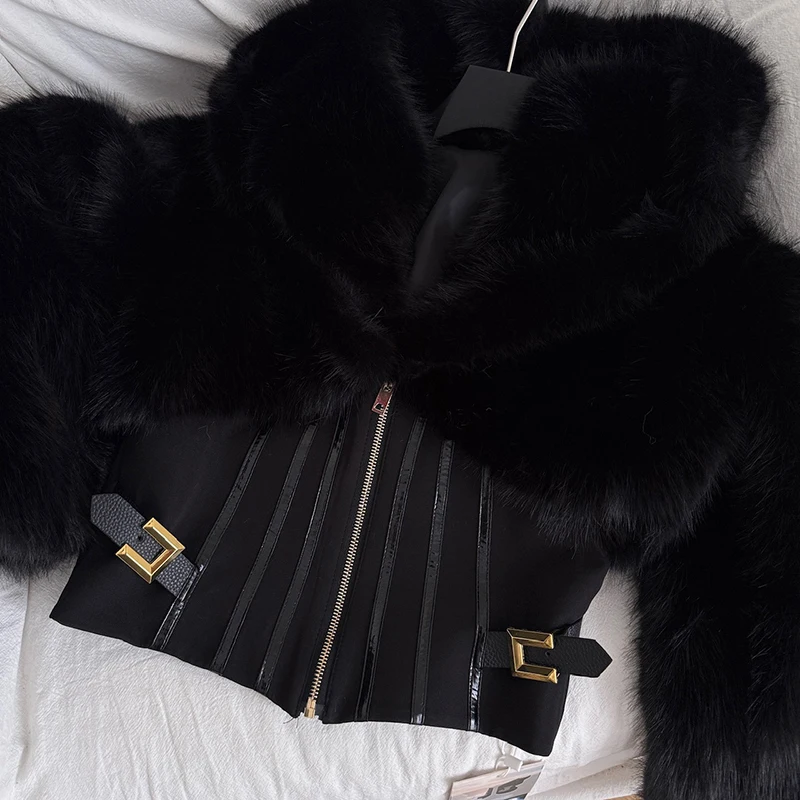 デザイナーショートフェイクファーレディースフィッシュボーンコートジップアップ長袖女性用ブラックアウター2025秋冬ファッションレディースストリートウェア