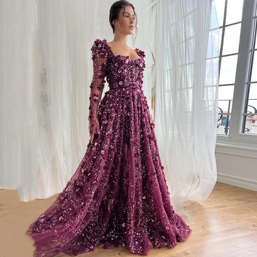 Luxury Shinny Lace Evening Dress for Wedding Party Customized Long Sleeves Square Neck Beading Flower A Line Dubai Prom Gown image 5
