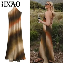 HXAO 2025 Women Dresses Tie Dye Halter Dresses Summer Sexy Print Sleeveless Dresses Backless Slim Maxi Vestidos Holiday Dresses