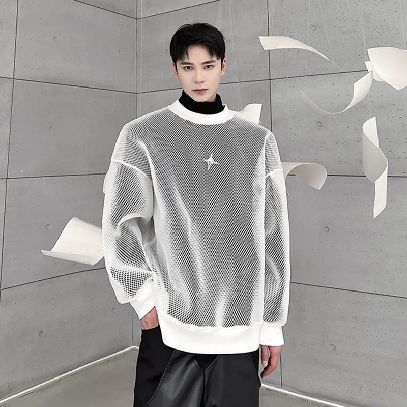 IEFB Darkwear Hollowed Out Mesh Design Long Sleeve Men Sweatshirt 2023 New Autumn Korean Fashion Long Sleeve Male Tops 9A4936