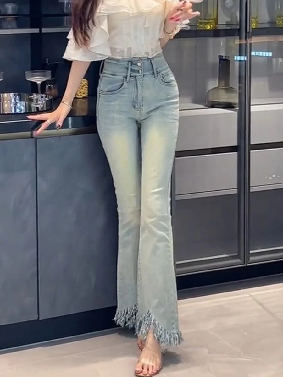 

Light Blue Faded High Waist Bell Bottom Jeans Women's Summer New Style Frayed Design Lift Butt Slim Straight Leg Long Pants