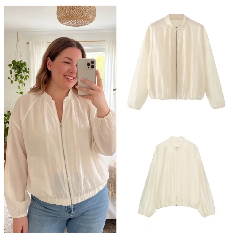2026Minimalist-style Elegant and Fashionable Women's Pleated Flight Jacket, New Zip-up Beige High-neck Jacket.