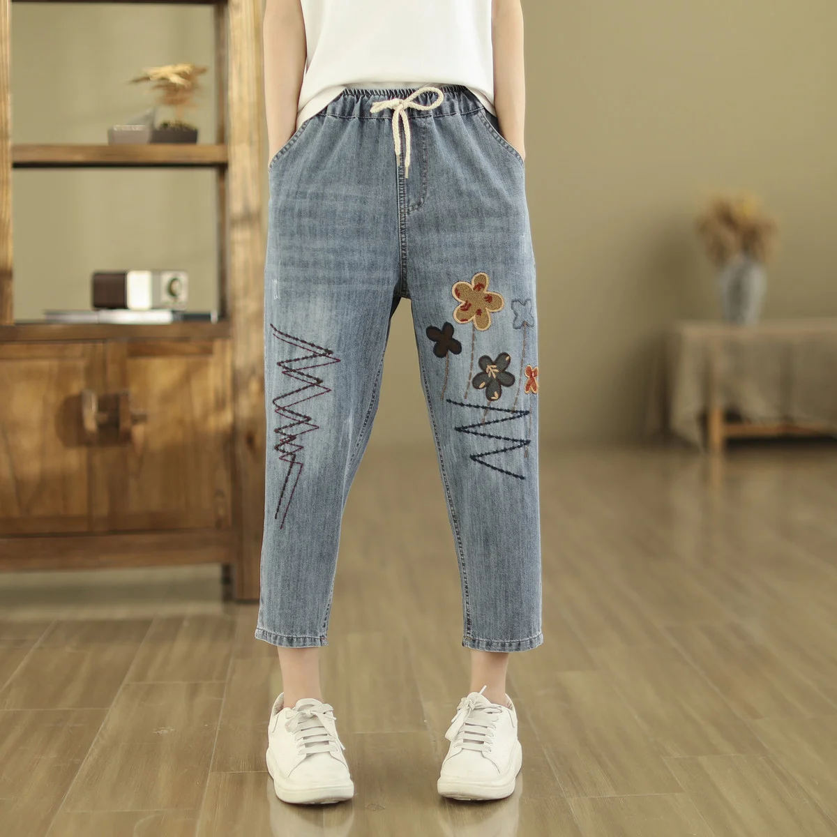 Mori Kei Jeans Women Japan Style Vintage Floral Embroider Harem Jeans High Waist 2024 Drawstring Denim trousers Harem Pants