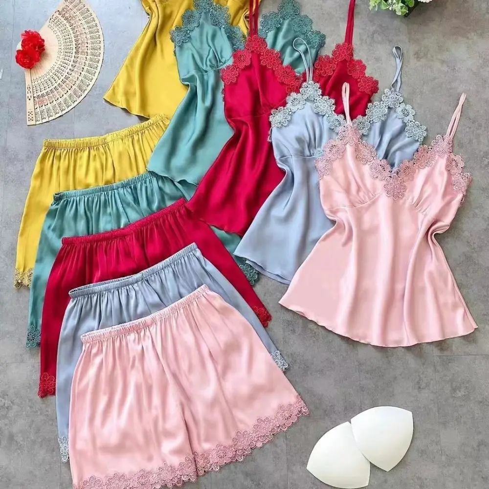 通気性のあるアイスシルクレースパジャマスーツ Vネックパッド入りスリングショーツナイトウェアノースリーブゆったりツーピース寝間着セット