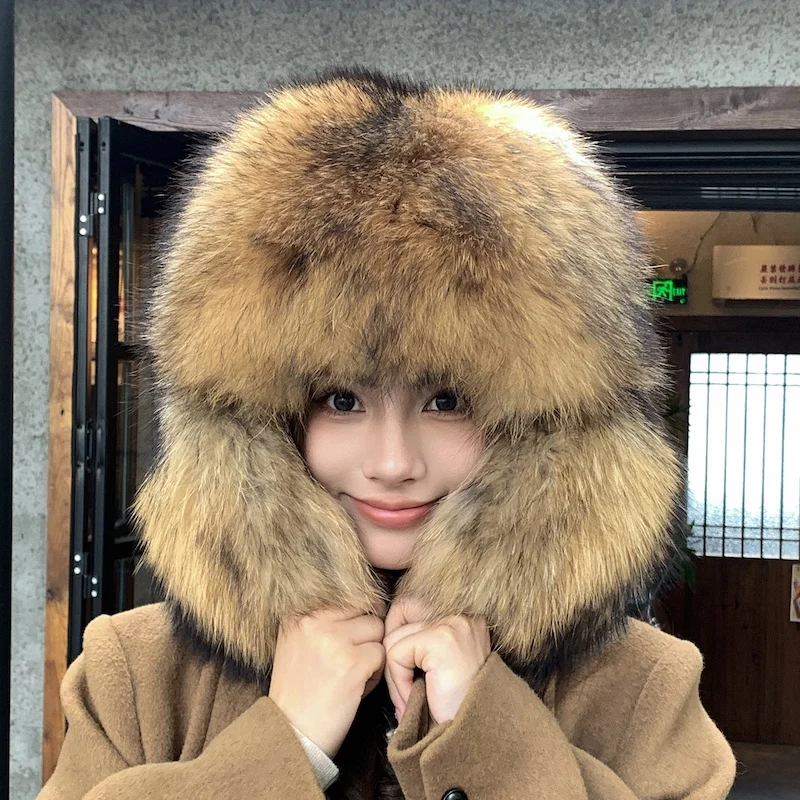 Real Raccoon Fur Hat Ushanka Winter Warm Earflap Bomber Aviator Hat Women Men Outdoor Ski Hunting Windproof Real Fur Trapper Cap