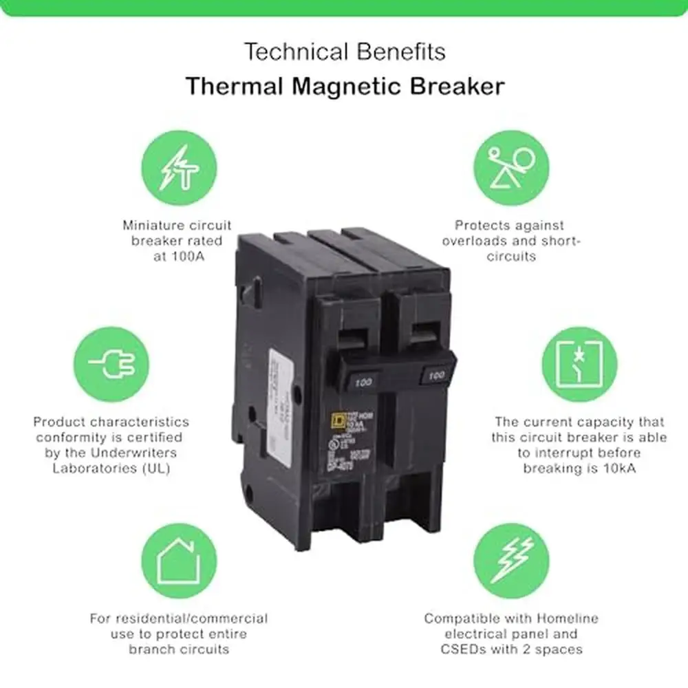 100-Amp Double Pole Circuit Breaker Homeline Load Centers Compatible with CSED Devices Easy Plug-On Installation Standard Type