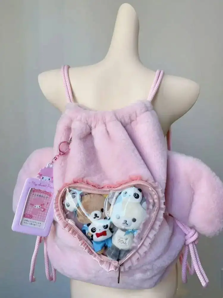 Bloom Plush Angel Wing Black Ita Bag Backpack Women Haruku Aesthetic String Y2k Backpacks Ladies Sweet Cute Heart Mochila