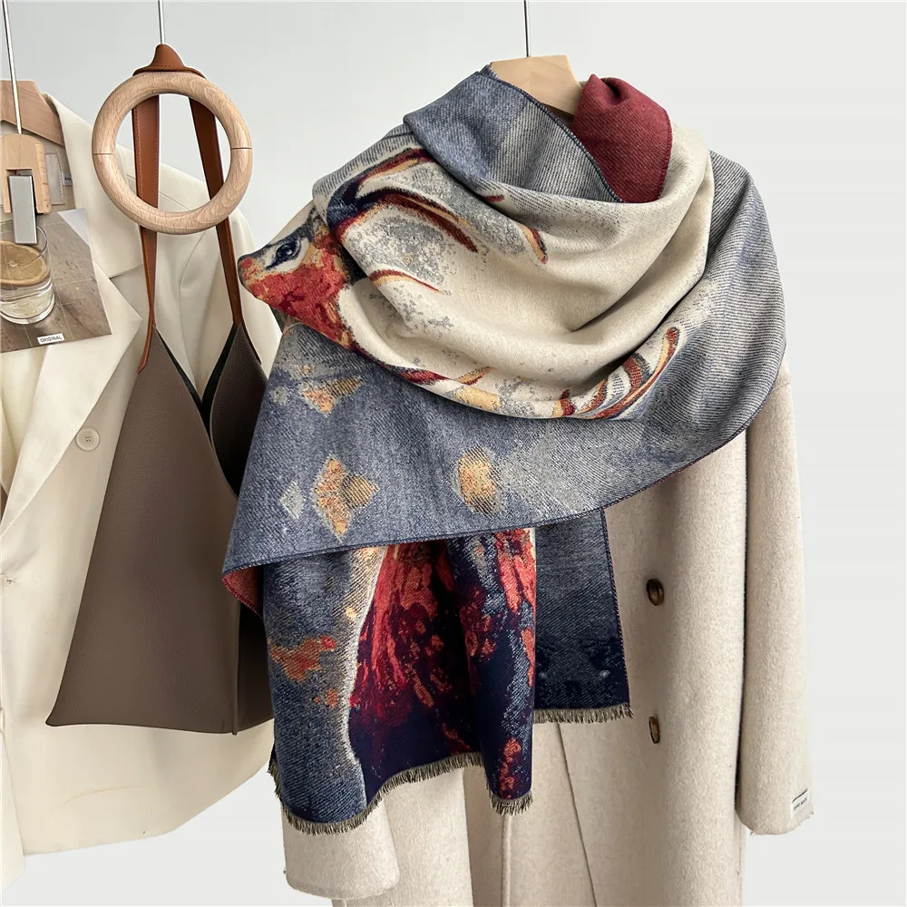 女性用冬用スカーフ両面厚手カシミヤ暖かい鹿柄ショール多用途ネックウォーマー快適な冬用アクセサリー