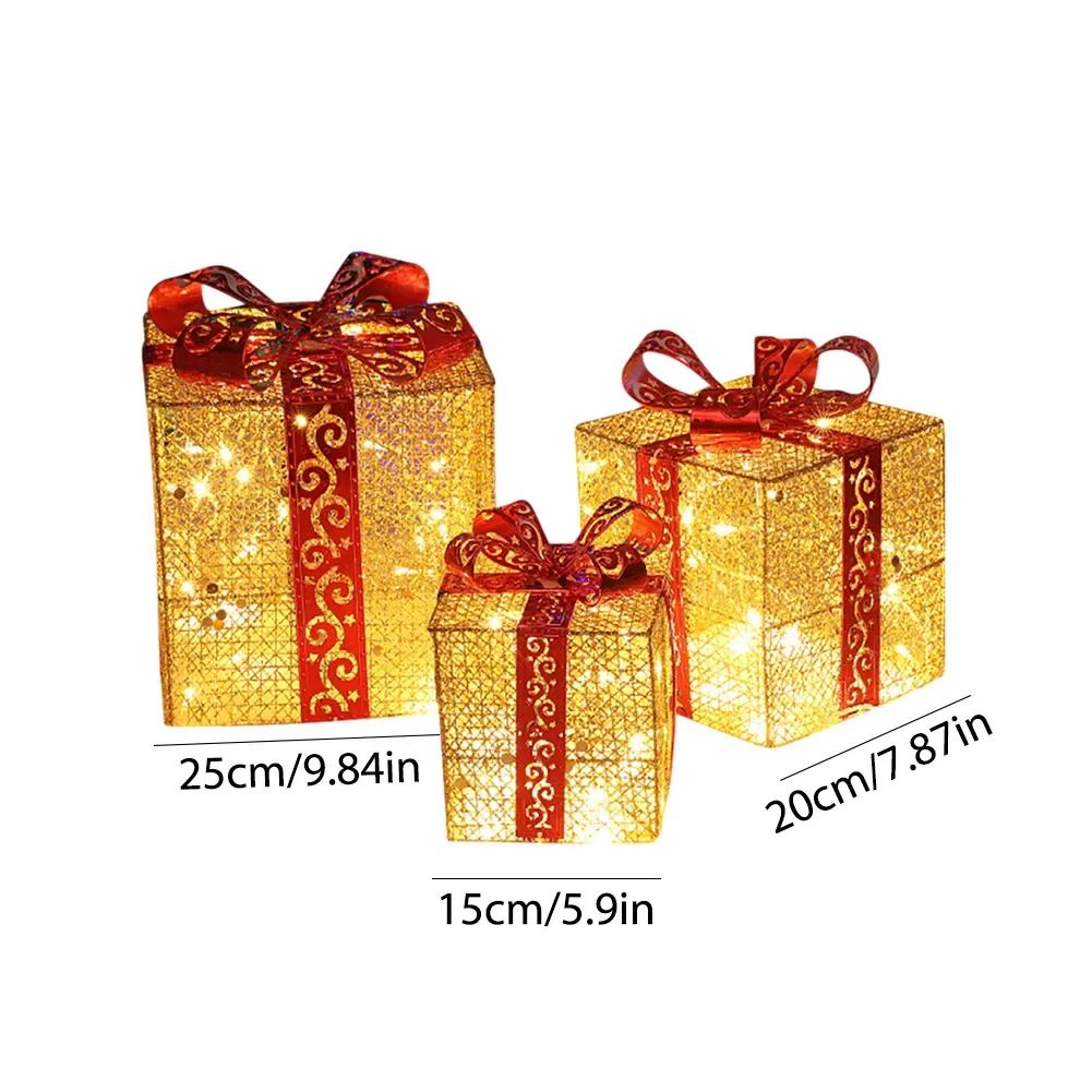 Christmas Lighted Gift Boxes 25/20/15CM Set of 3 Foldable Lighted Metal Boxes for Outdoor Indoor Christmas Tree/Yard/Home Decor