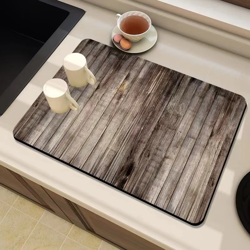 

3D Printed Round Wooden Coffee Mat Hide Stain Rubber Backed Absorbent Dish Drying Mats for Kitchen Counter