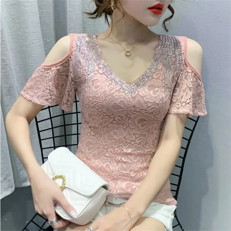 SummerNew European-Made Diamond-Encrusted Lace Lotus Leaf Sleeves Off-The-Shoulder V-Neck Slim Short-Sleeved Fashion T-Shirt