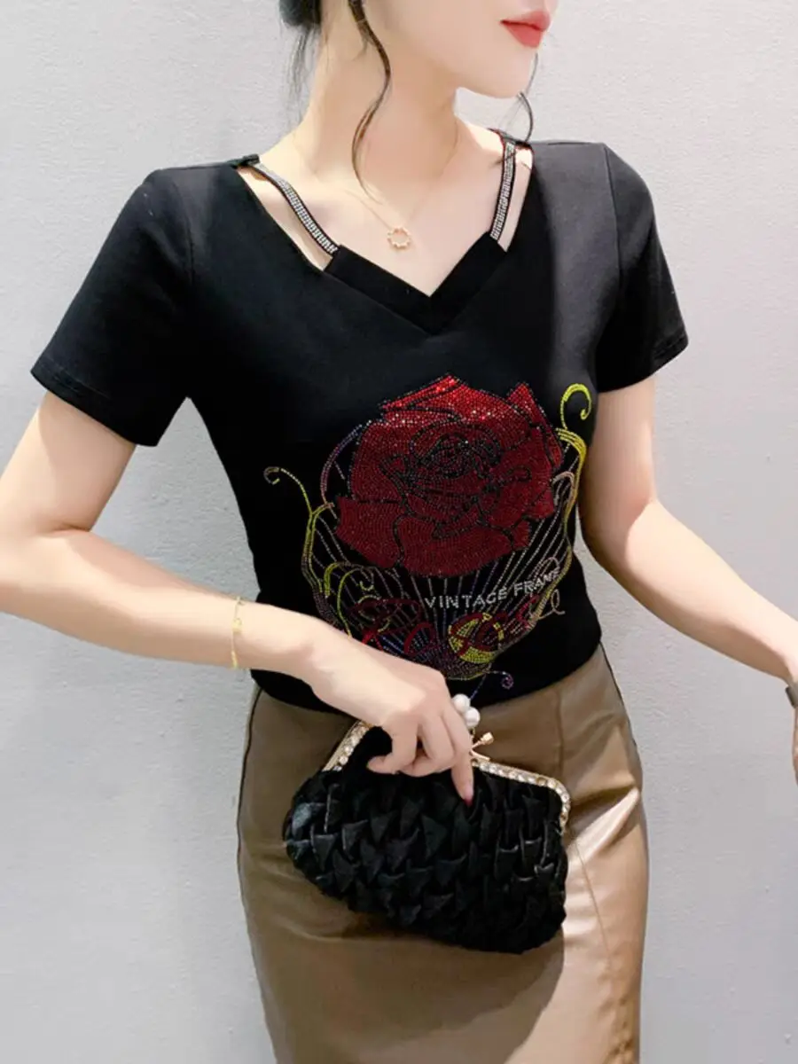 2024 New Arrival Retro Diamond Set Charming Printed Rose T-shirt Spring Summer Woman M-3XL Short Sleeve V-neck 100% Pure Cotton