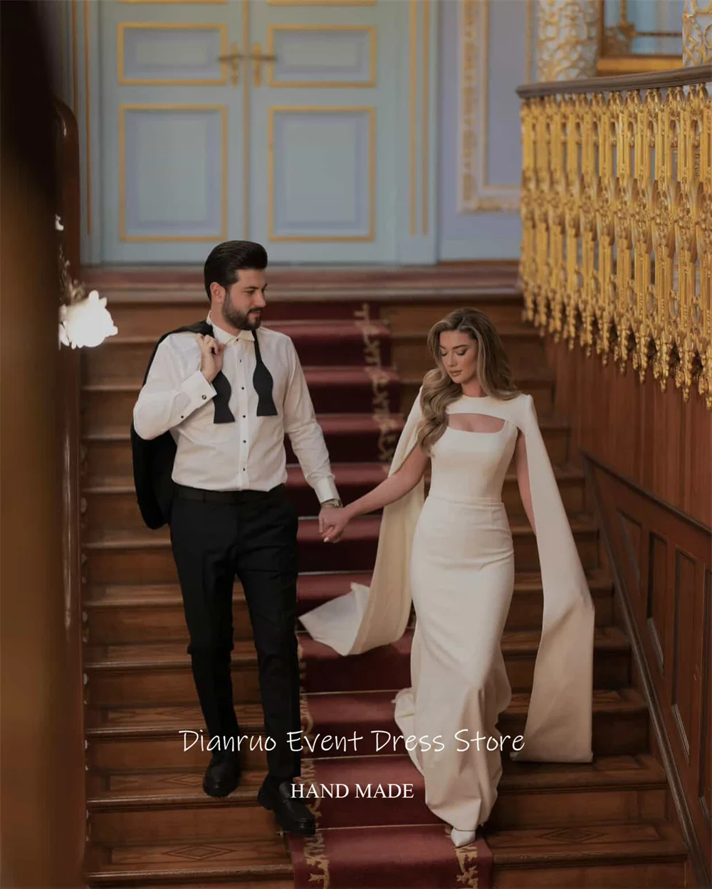 Dianruo Минималистичное шикарное свадебное платье с вырезами и накидкой на рукавах Vestido De Noiva Русалка Пляжное вечернее платье длиной до пола по индивидуальному заказу