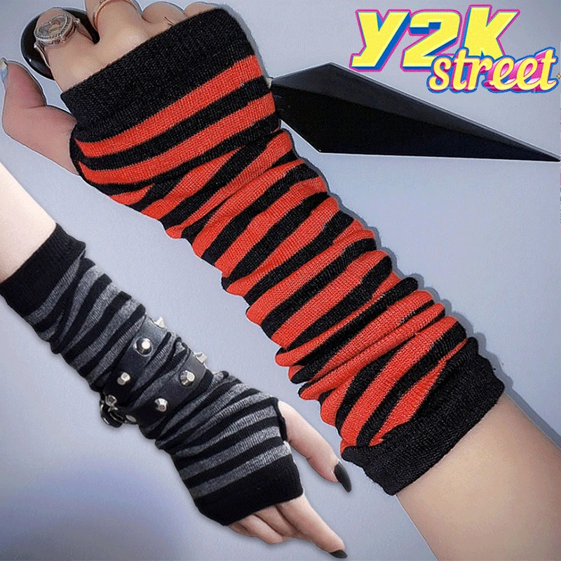 

Punk Long Sleeves Fingerless Gloves Cuff for Women Men Stripe Hip-Hop Knitted Elbow Mittens Elastic Winter Arm Warmer Outdoor