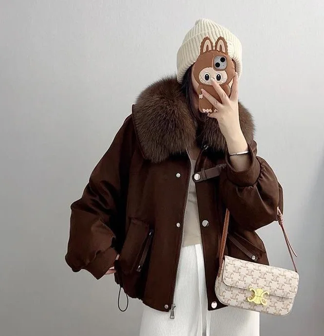 

Parkas Womens Work Autumn Denim-Feel Cropped Elastic Hem Fitted School Uniform Trendy Youthful Simple Chic Youth Artistic Modern