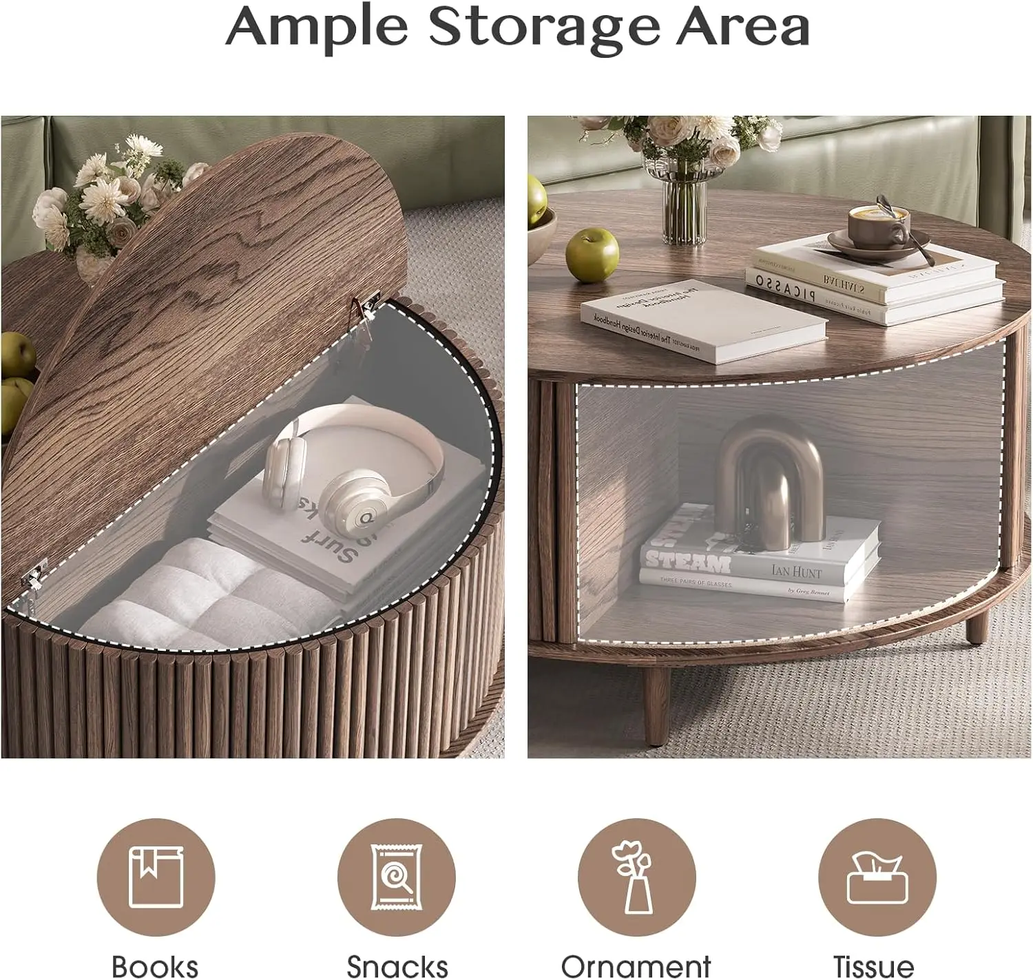 طاولة قهوة مستديرة مقاس 31.5 بوصة مع مساحة تخزين - باب خزانة منزلق مخدد (جوز) #4